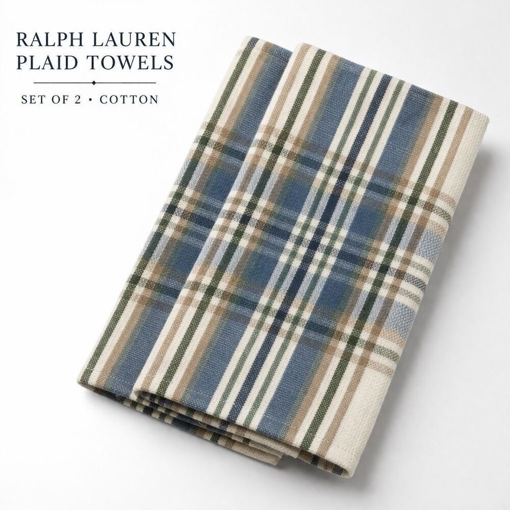 Lauren Ralph Lauren Blue Tan Plaid Kitchen Towels Set 2 Cotton 17x28 NWT